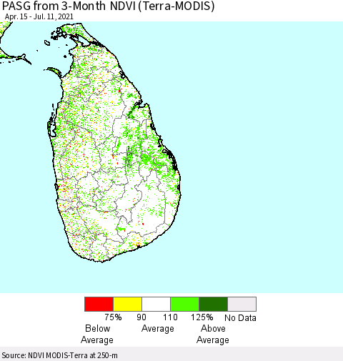 Sri Lanka PASG from 3-Month NDVI (Terra-MODIS) Thematic Map For 7/4/2021 - 7/11/2021