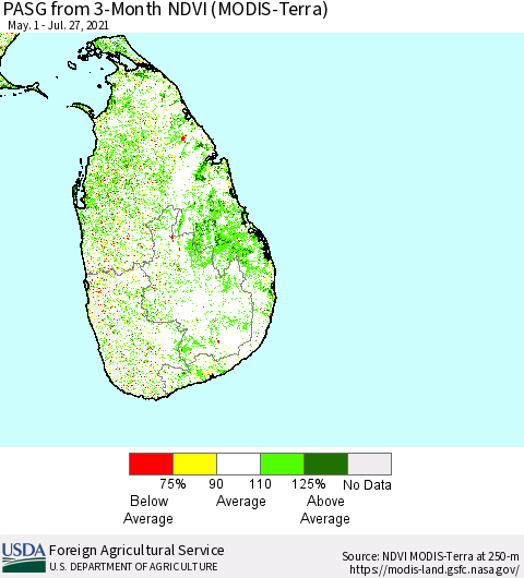 Sri Lanka PASG from 3-Month NDVI (Terra-MODIS) Thematic Map For 7/21/2021 - 7/31/2021