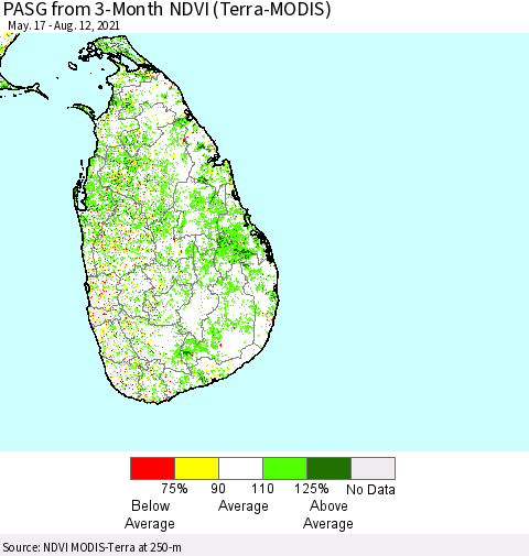 Sri Lanka PASG from 3-Month NDVI (Terra-MODIS) Thematic Map For 8/5/2021 - 8/12/2021