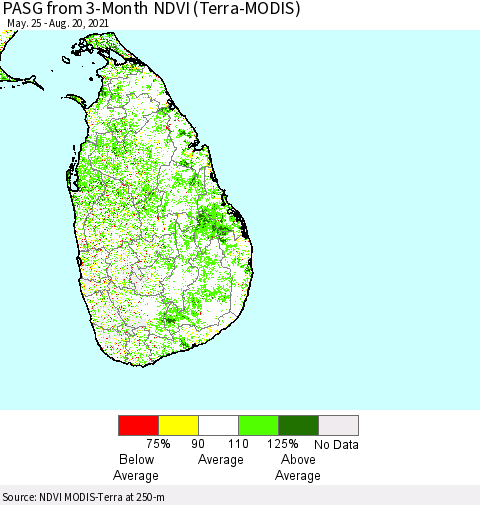 Sri Lanka PASG from 3-Month NDVI (Terra-MODIS) Thematic Map For 8/11/2021 - 8/20/2021