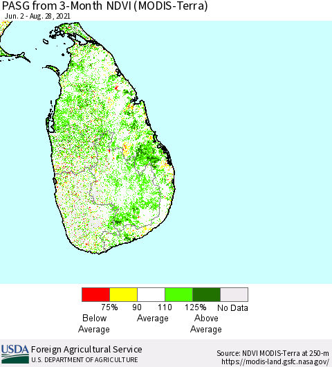 Sri Lanka PASG from 3-Month NDVI (Terra-MODIS) Thematic Map For 8/21/2021 - 8/31/2021