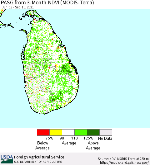 Sri Lanka PASG from 3-Month NDVI (Terra-MODIS) Thematic Map For 9/11/2021 - 9/20/2021