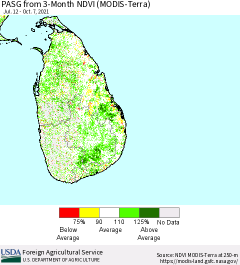 Sri Lanka PASG from 3-Month NDVI (Terra-MODIS) Thematic Map For 10/1/2021 - 10/10/2021