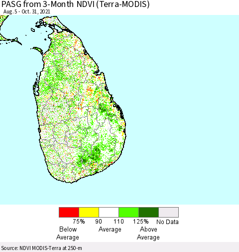 Sri Lanka PASG from 3-Month NDVI (MODIS-Terra) Thematic Map For 10/21/2021 - 10/31/2021
