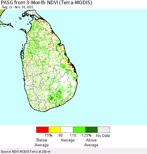 Sri Lanka PASG from 3-Month NDVI (Terra-MODIS) Thematic Map For 11/9/2021 - 11/16/2021