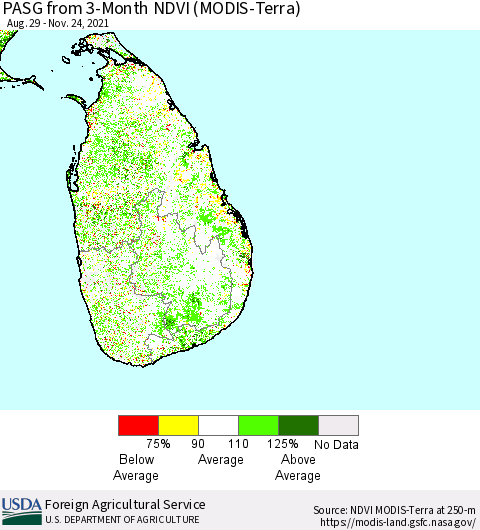 Sri Lanka PASG from 3-Month NDVI (Terra-MODIS) Thematic Map For 11/21/2021 - 11/30/2021