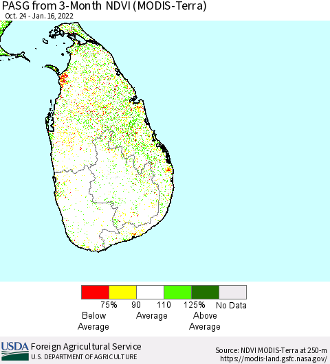 Sri Lanka PASG from 3-Month NDVI (Terra-MODIS) Thematic Map For 1/11/2022 - 1/20/2022