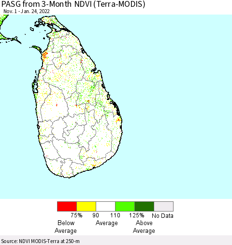 Sri Lanka PASG from 3-Month NDVI (Terra-MODIS) Thematic Map For 1/17/2022 - 1/24/2022
