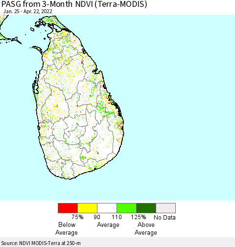 Sri Lanka PASG from 3-Month NDVI (Terra-MODIS) Thematic Map For 4/15/2022 - 4/22/2022