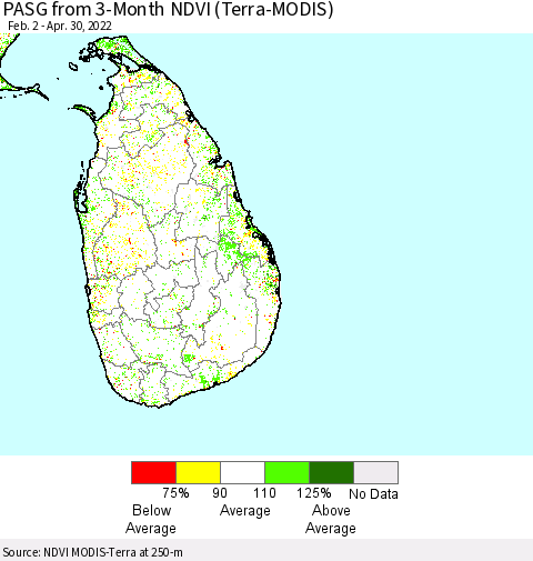 Sri Lanka PASG from 3-Month NDVI (Terra-MODIS) Thematic Map For 4/21/2022 - 4/30/2022