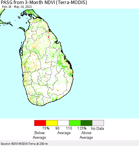 Sri Lanka PASG from 3-Month NDVI (Terra-MODIS) Thematic Map For 5/9/2022 - 5/16/2022