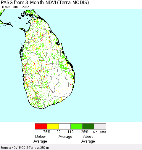 Sri Lanka PASG from 3-Month NDVI (Terra-MODIS) Thematic Map For 5/25/2022 - 6/1/2022