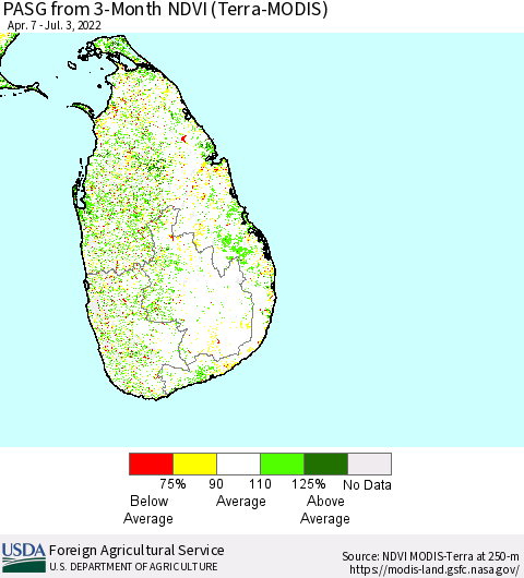Sri Lanka PASG from 3-Month NDVI (Terra-MODIS) Thematic Map For 7/1/2022 - 7/10/2022