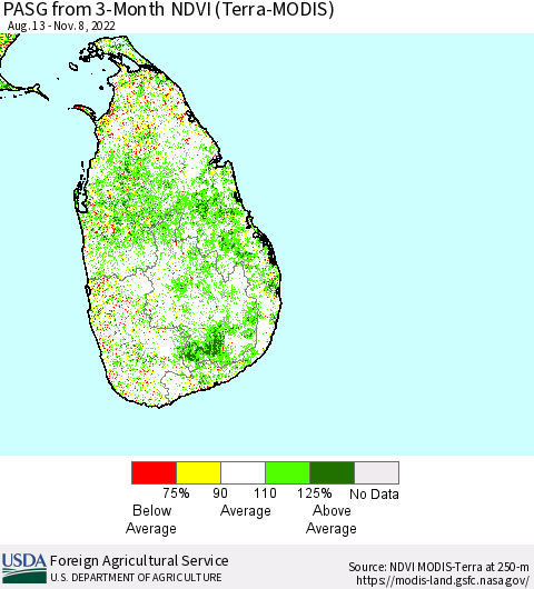 Sri Lanka PASG from 3-Month NDVI (Terra-MODIS) Thematic Map For 11/1/2022 - 11/10/2022