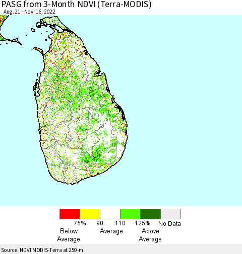 Sri Lanka PASG from 3-Month NDVI (Terra-MODIS) Thematic Map For 11/9/2022 - 11/16/2022