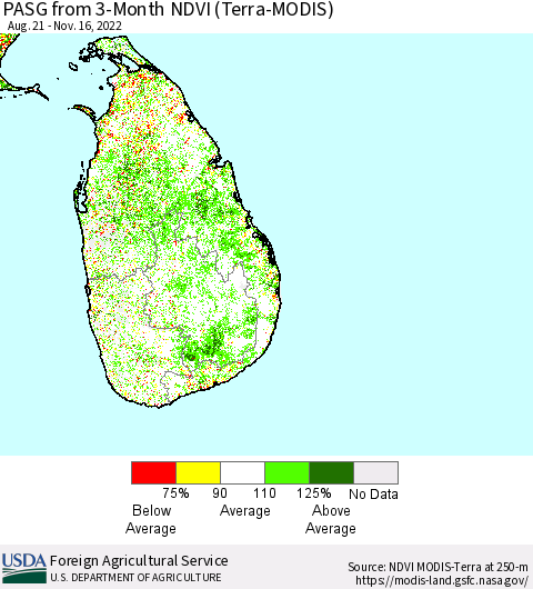 Sri Lanka PASG from 3-Month NDVI (Terra-MODIS) Thematic Map For 11/11/2022 - 11/20/2022
