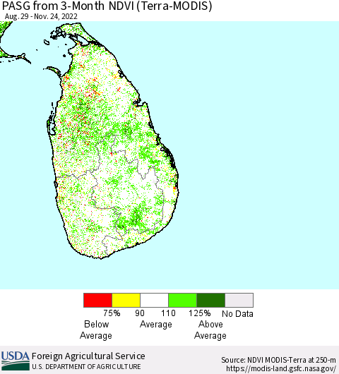 Sri Lanka PASG from 3-Month NDVI (Terra-MODIS) Thematic Map For 11/21/2022 - 11/30/2022