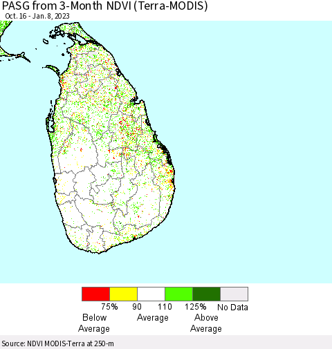 Sri Lanka PASG from 3-Month NDVI (Terra-MODIS) Thematic Map For 1/1/2023 - 1/8/2023