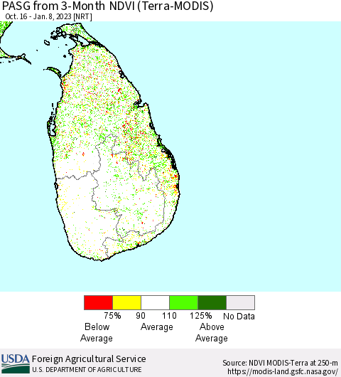 Sri Lanka PASG from 3-Month NDVI (Terra-MODIS) Thematic Map For 1/1/2023 - 1/10/2023