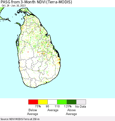 Sri Lanka PASG from 3-Month NDVI (Terra-MODIS) Thematic Map For 1/9/2023 - 1/16/2023