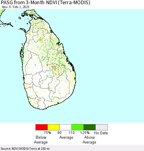 Sri Lanka PASG from 3-Month NDVI (Terra-MODIS) Thematic Map For 1/25/2023 - 2/1/2023