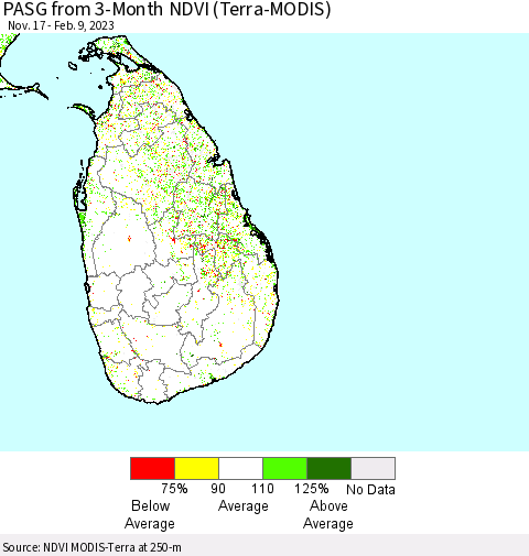 Sri Lanka PASG from 3-Month NDVI (Terra-MODIS) Thematic Map For 2/2/2023 - 2/9/2023