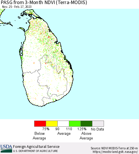 Sri Lanka PASG from 3-Month NDVI (Terra-MODIS) Thematic Map For 2/11/2023 - 2/20/2023