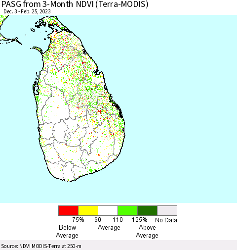 Sri Lanka PASG from 3-Month NDVI (Terra-MODIS) Thematic Map For 2/18/2023 - 2/25/2023