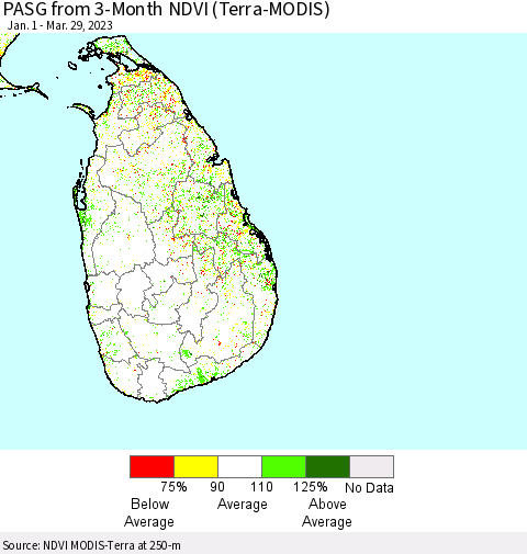 Sri Lanka PASG from 3-Month NDVI (Terra-MODIS) Thematic Map For 3/22/2023 - 3/29/2023