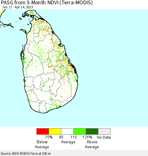 Sri Lanka PASG from 3-Month NDVI (Terra-MODIS) Thematic Map For 4/7/2023 - 4/14/2023