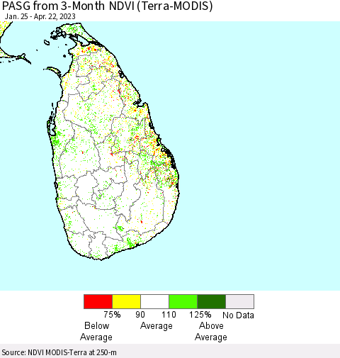 Sri Lanka PASG from 3-Month NDVI (Terra-MODIS) Thematic Map For 4/15/2023 - 4/22/2023