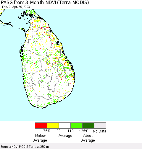 Sri Lanka PASG from 3-Month NDVI (Terra-MODIS) Thematic Map For 4/23/2023 - 4/30/2023