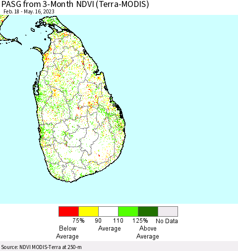 Sri Lanka PASG from 3-Month NDVI (Terra-MODIS) Thematic Map For 5/9/2023 - 5/16/2023