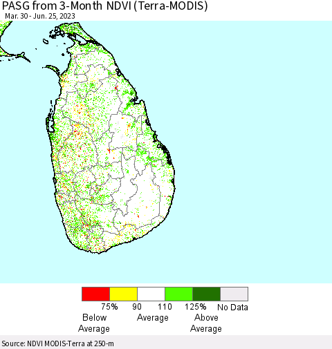 Sri Lanka PASG from 3-Month NDVI (Terra-MODIS) Thematic Map For 6/18/2023 - 6/25/2023