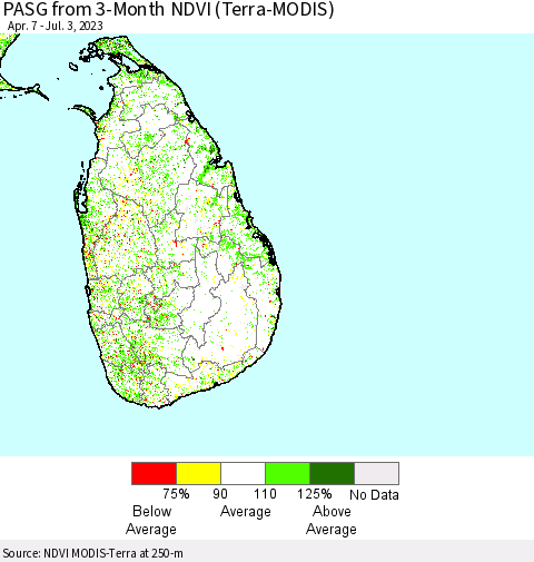 Sri Lanka PASG from 3-Month NDVI (Terra-MODIS) Thematic Map For 6/26/2023 - 7/3/2023
