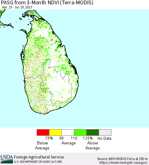 Sri Lanka PASG from 3-Month NDVI (Terra-MODIS) Thematic Map For 7/11/2023 - 7/20/2023