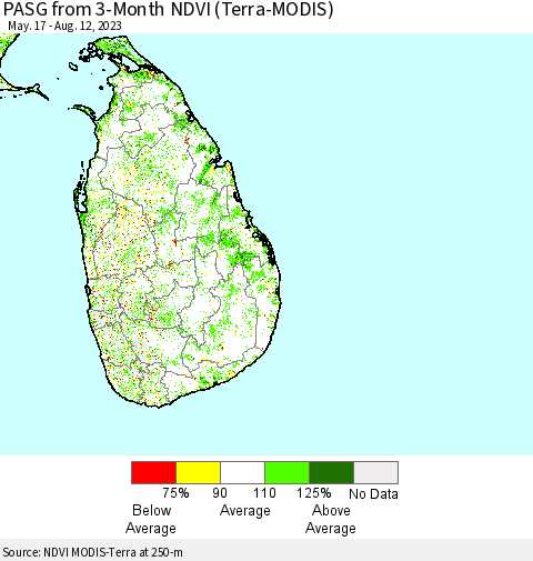 Sri Lanka PASG from 3-Month NDVI (Terra-MODIS) Thematic Map For 8/5/2023 - 8/12/2023