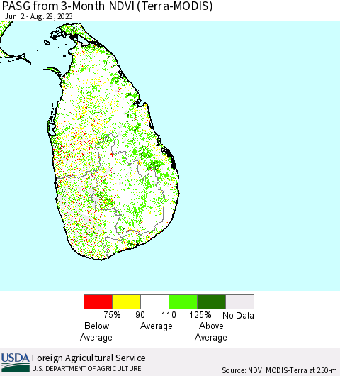 Sri Lanka PASG from 3-Month NDVI (Terra-MODIS) Thematic Map For 8/21/2023 - 8/31/2023