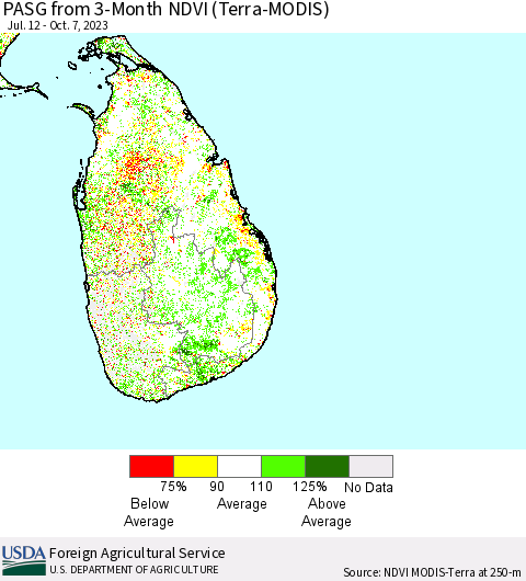 Sri Lanka PASG from 3-Month NDVI (Terra-MODIS) Thematic Map For 10/1/2023 - 10/10/2023