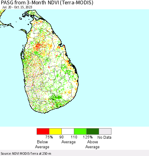 Sri Lanka PASG from 3-Month NDVI (Terra-MODIS) Thematic Map For 10/8/2023 - 10/15/2023