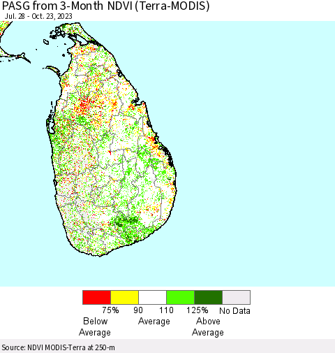 Sri Lanka PASG from 3-Month NDVI (Terra-MODIS) Thematic Map For 10/16/2023 - 10/23/2023