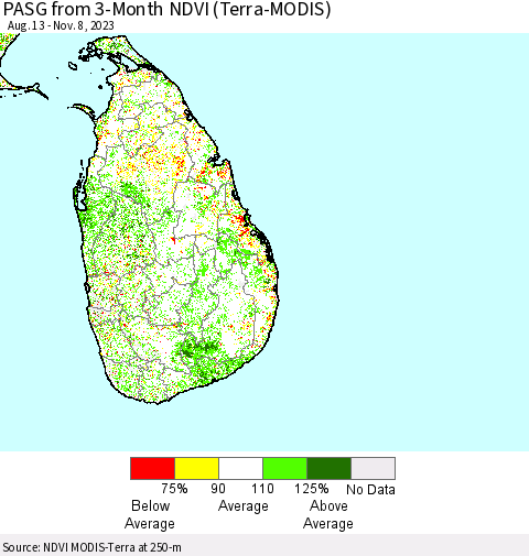 Sri Lanka PASG from 3-Month NDVI (Terra-MODIS) Thematic Map For 11/1/2023 - 11/8/2023