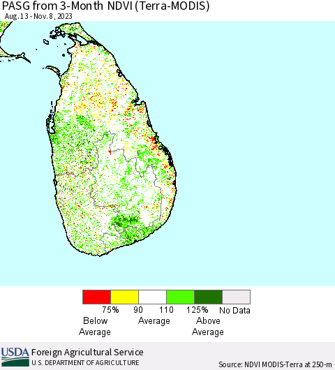 Sri Lanka PASG from 3-Month NDVI (Terra-MODIS) Thematic Map For 11/1/2023 - 11/10/2023