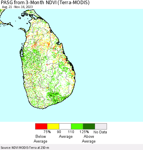 Sri Lanka PASG from 3-Month NDVI (Terra-MODIS) Thematic Map For 11/9/2023 - 11/16/2023