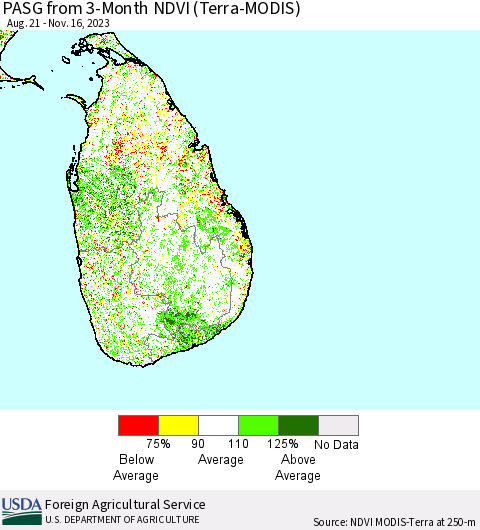 Sri Lanka PASG from 3-Month NDVI (Terra-MODIS) Thematic Map For 11/11/2023 - 11/20/2023