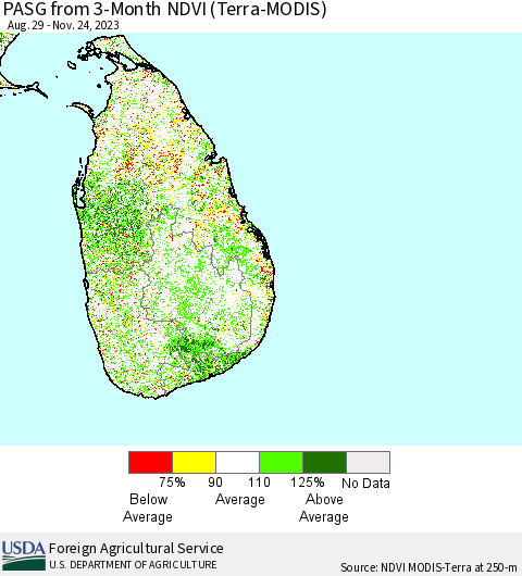 Sri Lanka PASG from 3-Month NDVI (Terra-MODIS) Thematic Map For 11/21/2023 - 11/30/2023