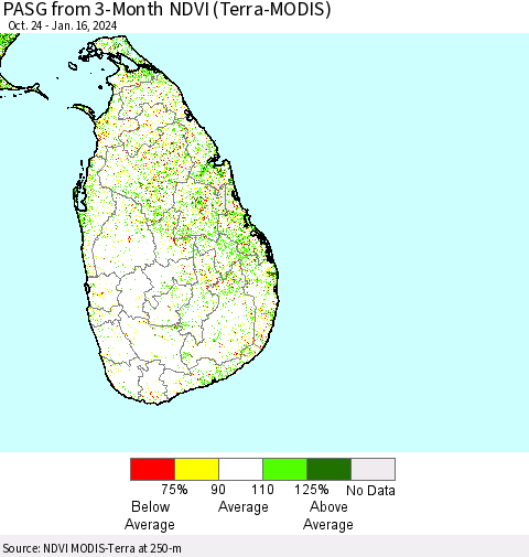 Sri Lanka PASG from 3-Month NDVI (Terra-MODIS) Thematic Map For 1/9/2024 - 1/16/2024