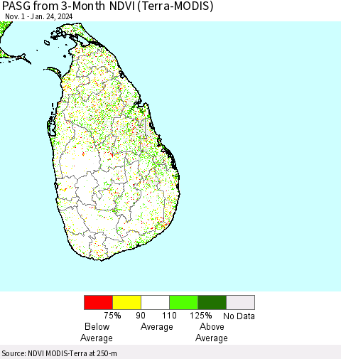 Sri Lanka PASG from 3-Month NDVI (Terra-MODIS) Thematic Map For 1/17/2024 - 1/24/2024