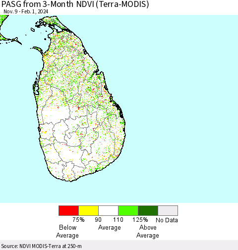 Sri Lanka PASG from 3-Month NDVI (Terra-MODIS) Thematic Map For 1/25/2024 - 2/1/2024
