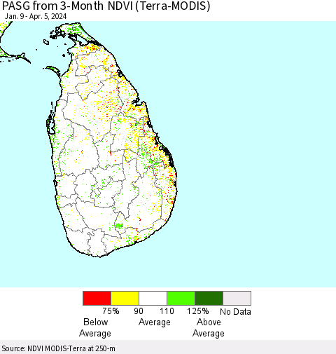 Sri Lanka PASG from 3-Month NDVI (Terra-MODIS) Thematic Map For 3/29/2024 - 4/5/2024